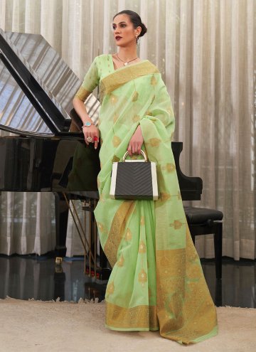 Green Linen Woven Contemporary Saree