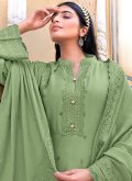 Green Muslin Embroidered Designer Pakistani Salwar Suit for Festival - 1