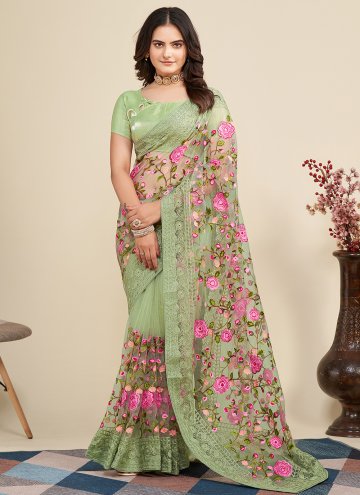Green Net Embroidered Trendy Saree for Ceremonial