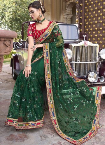 Green Net Embroidered Trendy Saree for Engagement