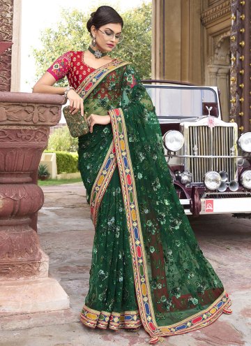Green Net Embroidered Trendy Saree for Engagement