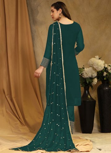 Green Pakistani Suit in Faux Georgette with Embroidered