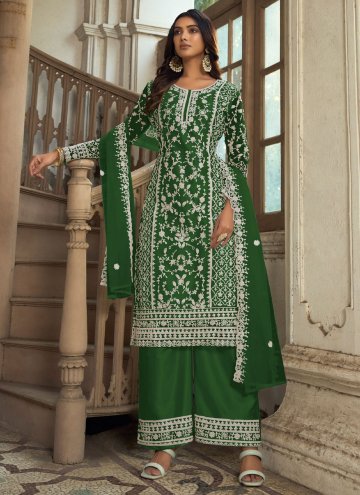 Green Palazzo Suit in Net with Embroidered