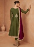 Green Pant Style Suit in Chinon with Embroidered - 1
