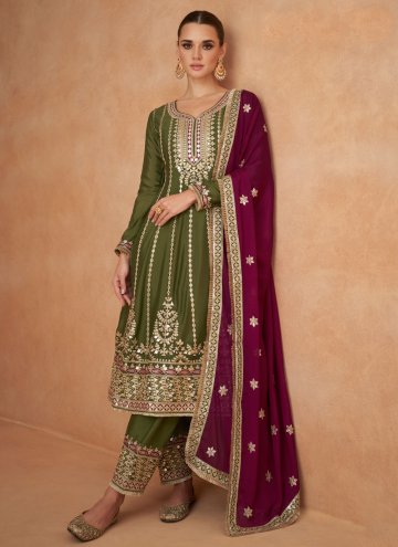 Green Pant Style Suit in Chinon with Embroidered