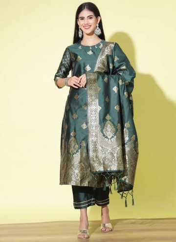 Green Pant Style Suit in Cotton Silk with Woven