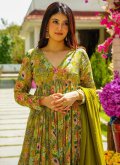 Green Pant Style Suit in Maslin Silk with Digital Print - 1