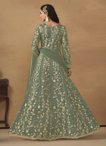 Green Pant Style Suit in Net with Embroidered