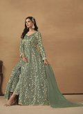 Green Pant Style Suit in Net with Embroidered - 2