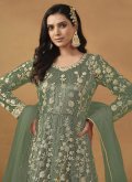 Green Pant Style Suit in Net with Embroidered - 3