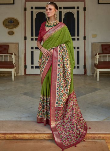 Green Patola Silk Aariwork Contemporary Saree for Ceremonial