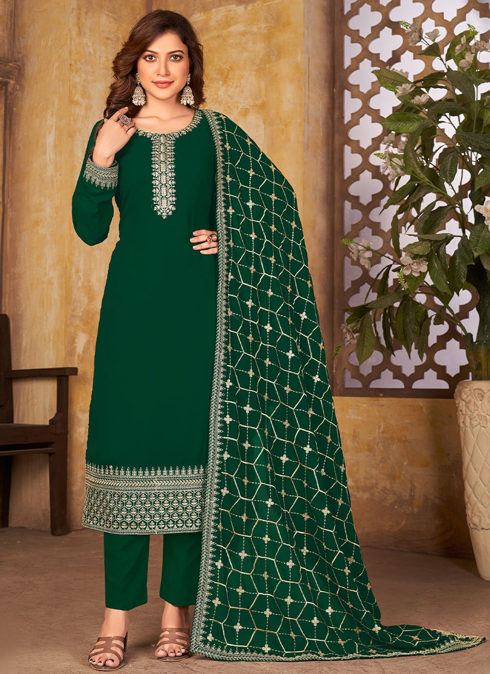 Green Salwar Suit in Faux Georgette with Embroidered