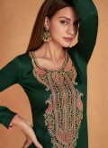 Green Satin Embroidered Salwar Suit for Ceremonial - 1