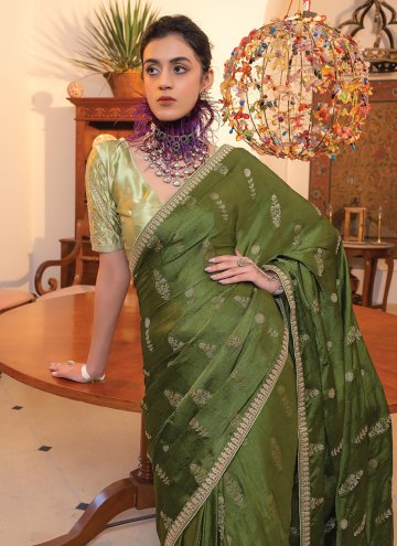 Green Satin Embroidered Trendy Saree for Party