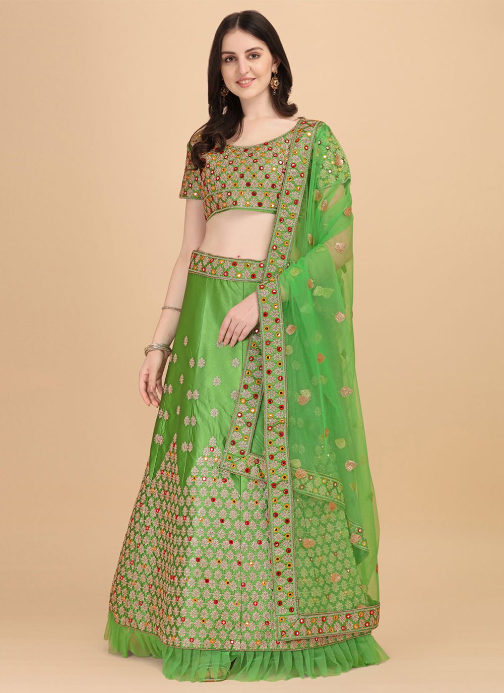Green Satin Silk Embroidered Lehenga Choli for Ceremonial