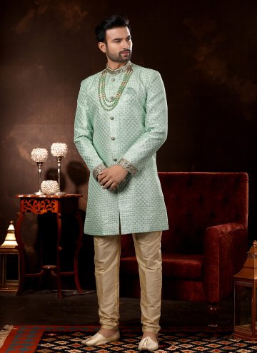 Green Sherwani in Fancy Fabric with Embroidered