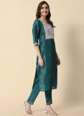 Green Silk Blend Embroidered Pant Style Suit - 3