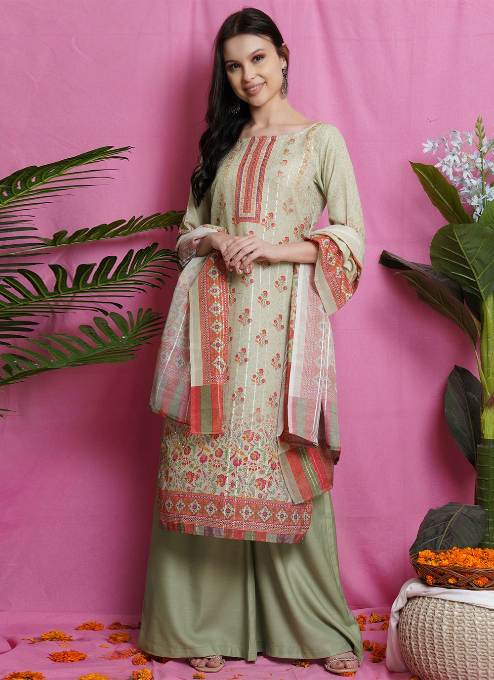 Green Silk Blend Floral Print Designer Straight Salwar Suit