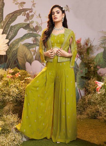 Green Silk Embroidered Jacket Style Suit for Party