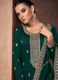 Green Silk Embroidered Palazzo Suit for Engagement - 1