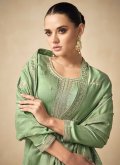 Green Silk Embroidered Straight Salwar Kameez for Engagement - 1