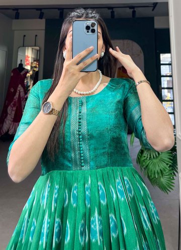 Green Silk Printed Readymade Designer Gown for Ceremonial