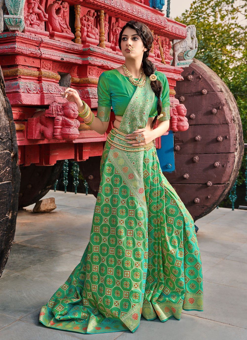 Green Traditional Saree in Banarasi with Woven