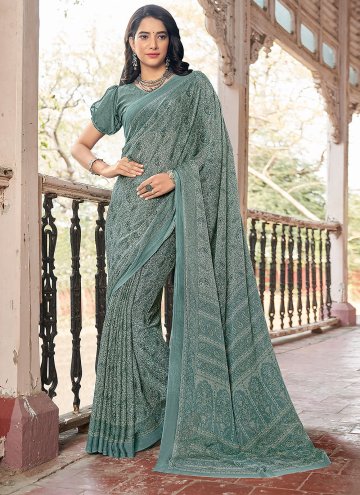 Green Traditional Saree in Chiffon with Printed