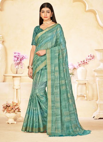 Green Trendy Saree in Linen with Printed
