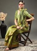 Green Trendy Saree in Raw Silk with Border - 2