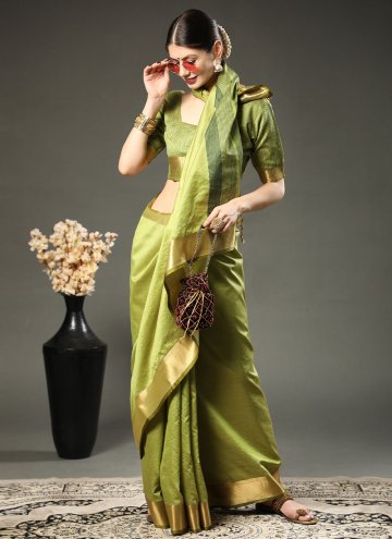 Green Trendy Saree in Raw Silk with Border
