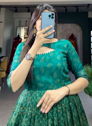 Green Tussar Silk Printed Designer Gown