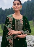 Green Velvet Embroidered Palazzo Suit for Ceremonial - 1
