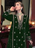 Green Velvet Embroidered Salwar Suit for Ceremonial - 1