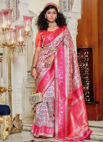 Grey and Hot Pink Banarasi Woven Contemporary Sare