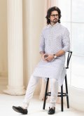 Grey and Off White color Fancy work Cotton  Kurta Pyjama - 1