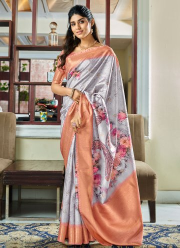Grey and Orange Handloom Silk Floral Print Contemporary Saree for Ceremonial