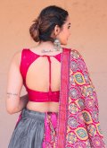 Grey and Pink A Line Lehenga Choli in Silk with Foil Print - 3
