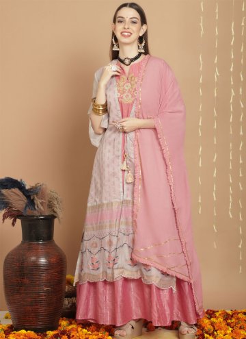 Grey and Pink color Chanderi Silk A Line Lehenga Choli with Embroidered