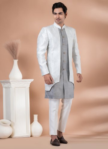 Grey and Silver Indo Western in Art Dupion Silk with Plain Work