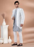 Grey and Silver Indo Western in Art Dupion Silk with Plain Work - 2