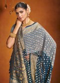 Grey and Teal color Woven Pure Georgette Classic Designer Saree - 2
