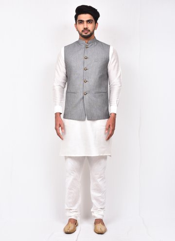 Grey and White Art Silk Buttons Kurta Payjama With Jacket for Ceremonial