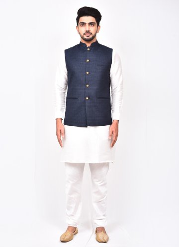 Grey and White color Art Silk Kurta Payjama With Jacket with Buttons