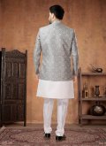 Grey and White Jacquard Embroidered Indo Western for Engagement - 2