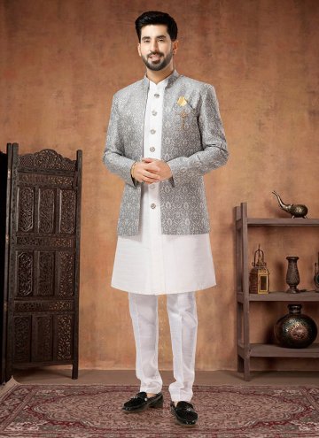 Grey and White Jacquard Embroidered Indo Western f
