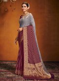 Grey and Wine Classic Designer Saree in Pure Georgette with Woven - 3