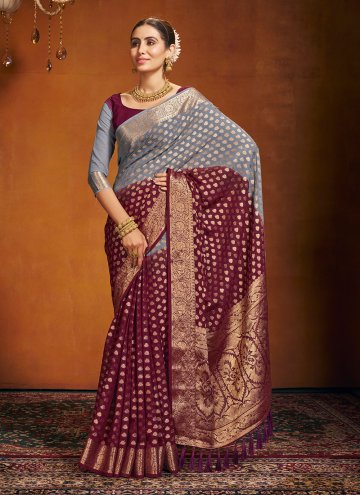 Grey and Wine Classic Designer Saree in Pure Georgette with Woven