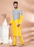 Grey and Yellow Banarasi Fancy work Kurta Pyjama for Engagement - 1