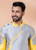 Grey and Yellow Banarasi Fancy work Kurta Pyjama for Engagement - 3